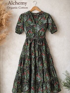 Vintage Organic Cotton Tiered Midi Dress | Botanical Print | Boho Cottagecore S